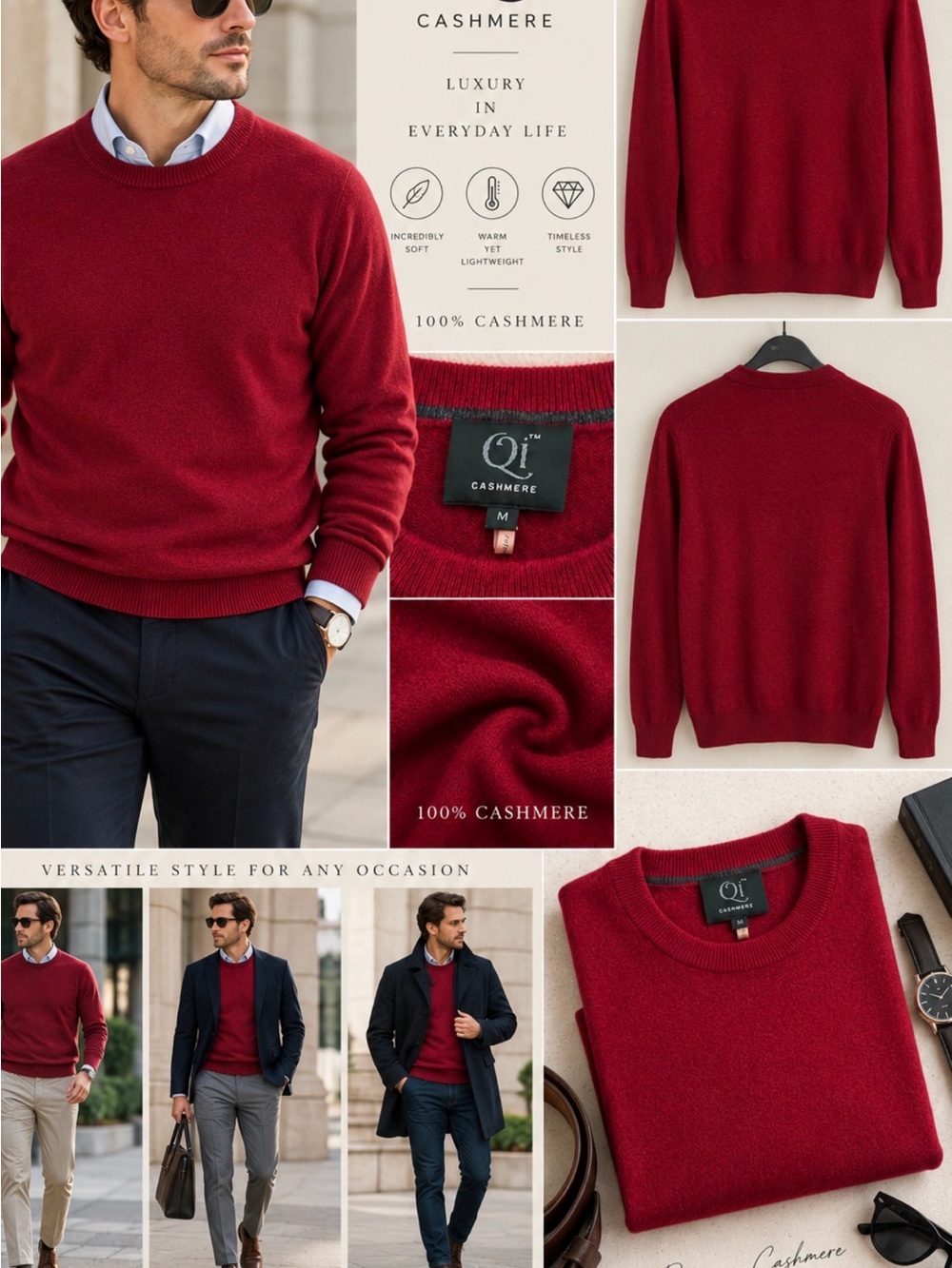 Qi Men's Crewneck Cashmere Sweater in Deep Red